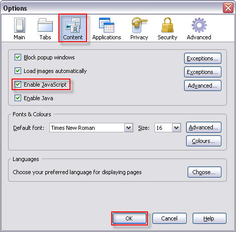 Enable JavaScript in Firefox